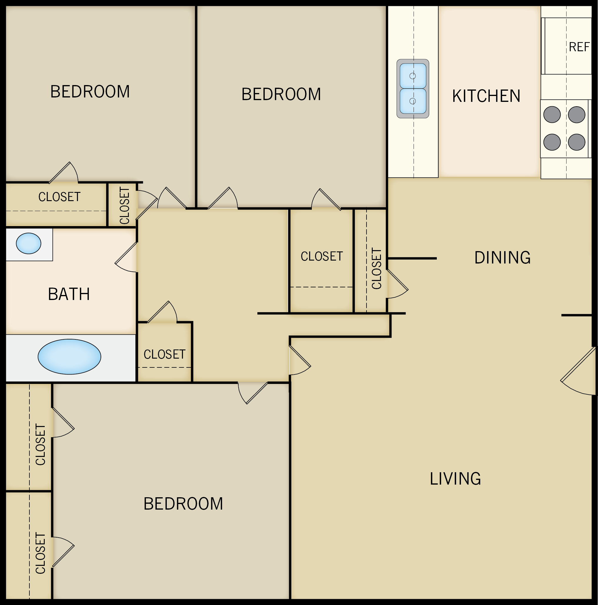 3 Bedroom Floor Plan – 895 sq ft